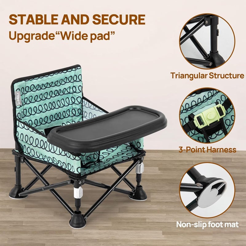 AskCat Toddler Booster Seat for Dining Table & Kitchen Chair - Portable Foldable with Removable Tray, Baby Camping Chair 6-36 Months Indoor Outdoor (Green Stripe) - Image 3